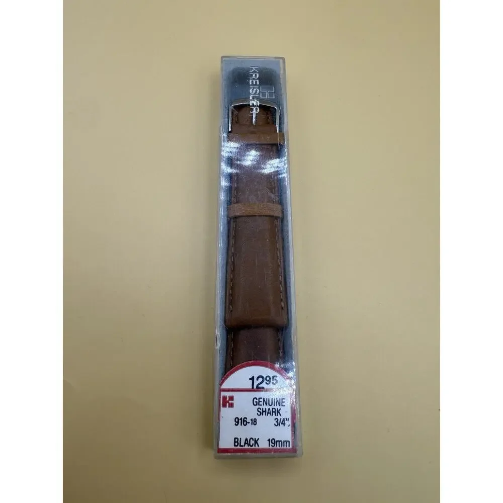 19mm KREISLER Genuine Shark Brown NOS Vintage Watch Band & Gold-Tone Buckle